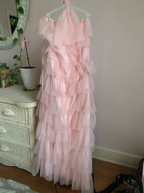 Blush Pink Ruffled Tulle Strapless Evening Dress
